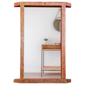 Consigned Antique Door Frame Mirror,  Red Painted Eclectic Boho Large Mirror