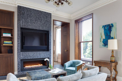 Transitional family room photo in Boston