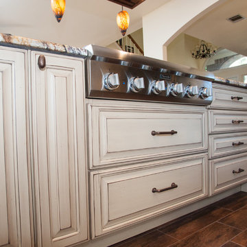 Rustic Old World Kitchen With Accent Island & Copper Hood