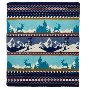 HomeRoots Queen Size Ultra Soft Blue Ski Mountain Handmade Woven Blanket