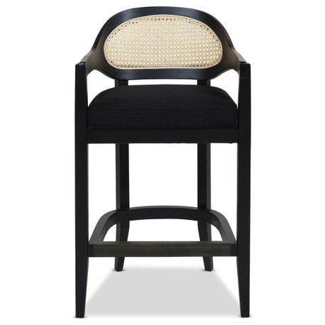 Americana Mid-Century Modern Rattan Cane Back Stool, Jet Black Woven, 26" Counter Height