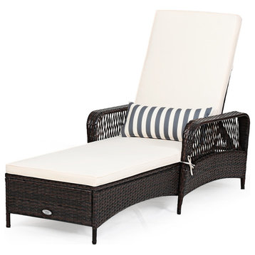 Costway PE Rattan Chaise Lounge Chair Armrest Recliner Adjustable Pillow