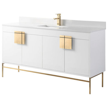 Modern White Bathroom Vanity Set, Satin Brass Hardware, Marbel Top