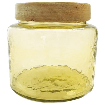 Hammered Glass Jar With Mango Wood Lid, Yellow and Whitewashed
