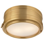 Hudson Valley Lighting - Rye, 11-inch, Flush Mount, Aged Brass Finish, White Glass - Whether on the ceiling as a flush mount or on the wall as a porthole sconce, Rye makes a handsome addition to a room. Clean lines and simplicity guide the piece. Its only bit of whimsy is a faux hinge, there for ornamentation. Its front lifts off when the tiny ball across from the hinge is unscrewed.