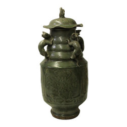 Chinese Ancient style Green Gray Ceremonial Jar with Relief Dragon Motif - Decorative Jars And Urns