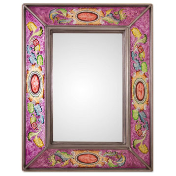 Novica Handmade Floral Medallions In Purple Reverse-Painted Glass Wall Mirror
