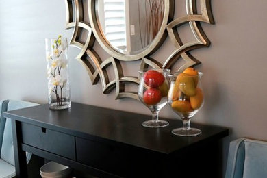 Inspiration for a transitional dark wood floor great room remodel in Toronto with gray walls