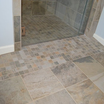 Bath Remodel with Cabinets in Maple Briarwood Stain and Silestone Lagoon Tops