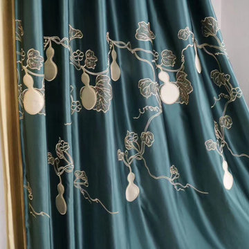 QYHL225S Silver Beach Embroidered Gourd Blue Faux Silk Custom Made Curtains