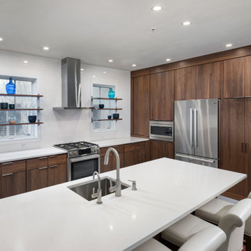 Warm Modern Walnut Kitchen Remodel | Sleek White Quartz & Open Shelving Design