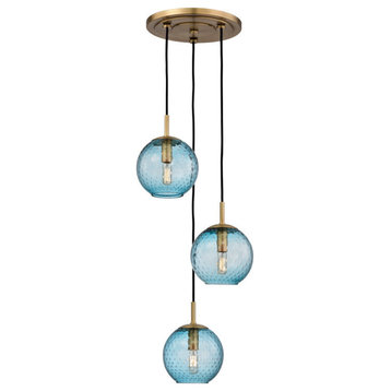 Rousseau, 3 Light, Cluster Pendant, Aged Brass Finish, Blue Glass