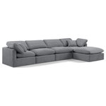 Meridian Furniture - Indulge Upholstered Modular L-Shaped Sectional, Grey, 5-Piece: 2 Armless Chair, 2 Corner Chair, 1 Ottoman, Down Stuffed Velvet - Experience ultimate comfort and style with our grey velvet Indulge Sectional. The luxurious velvet will elevate the aesthetic of any room. This sofa provides ample space for you to relax while its modular build offers the option of unlimited configurations. Whether you're looking to add a stylish element to your living room or a comfortable seating option to your bedroom, this sofa is the perfect choice.