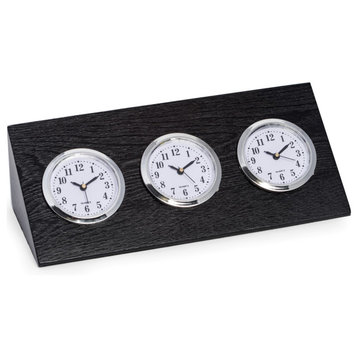 Triple Time Zone Clock, Black Wood
