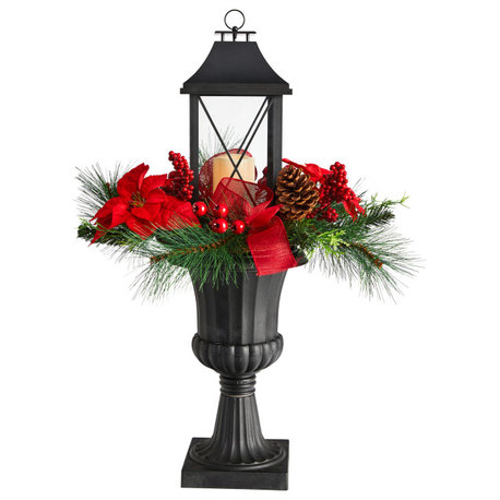 33" Holiday Xmas Berries & Poinsettia W/Large Lantern & LED Candle Set, Urn