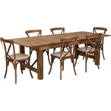 8'x40'' Antique Rustic Folding Farm Table Set,6 Cross Back Chairs and Cushions