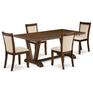 V777MZN32-5 Dining Table and 4 Light Beige Chairs - Distressed Jacobean Finish