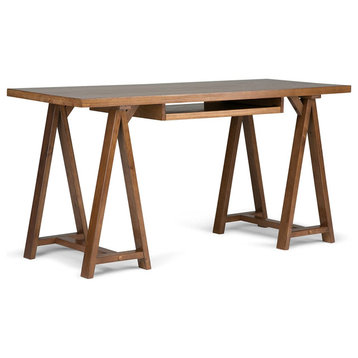 Modern Industrial Desk, Rectangular Top and Keyboard Tray, Medium Saddle Brown