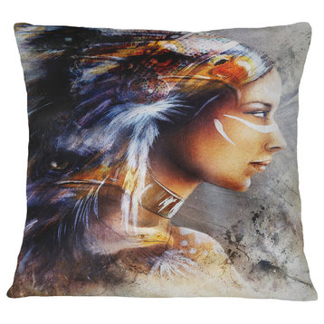 Woman With White Horse Eagles Indian Throw Pillow, 16"x16"