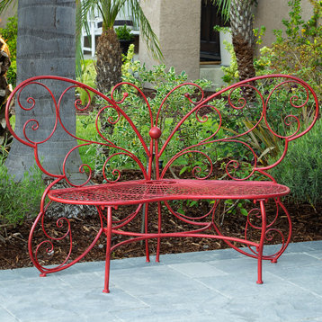 62" x 26" Outdoor 2 Person Metal Butterfly Shaped Garden Bench, Red