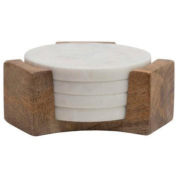 Round Marble Coasters With Mango Wood Holder, 5-Piece Set