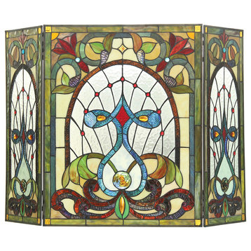 Ruby Tiffany-Glass 3-Piece Folding Victorian Fireplace Screen