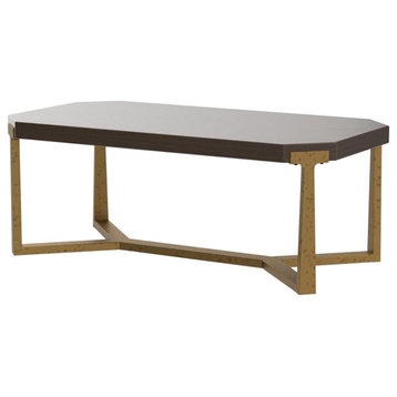Industrial Coffee Table,  Golden Metal Base With Geometric Shaped Top, Brown
