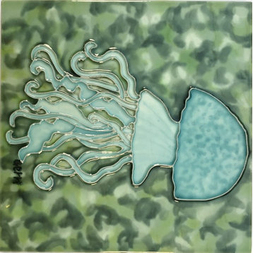 Teal Blue Jellyfish Swimming in Ocean 6X6 Inches Ceramic Art Tile