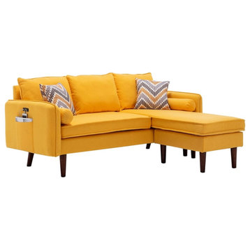 Mia Linen Fabric Sectional Sofa Chaise with USB Charger & Pillows in Yellow