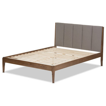 Platform Bed, Tapered Legs With Slatted Support, Light Grey/Walnut Brown, Queen