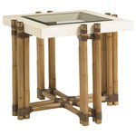 Tommy Bahama Home - Los Cabos Lamp Table - The white Cordova stone top is beautifully contrasted by a striking brass inlay and inset tempered glass top making it the perfect accompaniment to any accent chair or seating area. Additional interest is created by the leather wrapped rattan frame with metal ferrules and top caps in an antique brass finish. We offer a complementary cocktail table as well.