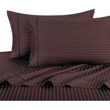 1200 Thread Count Egyptian Cotton Stripe Bed Sheet Set, Queen, Chocolate