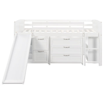 Gewnee Wood Twin Low  Loft Bed with Cabinets, Shelves and Slide in White