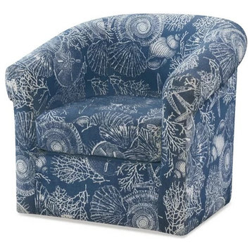 Coastal Accent Chair, Swiveling Design With Blue and White Ocean Shells Pattern