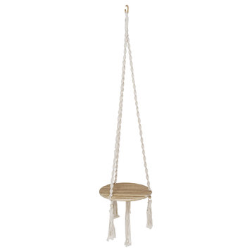 Cotton Macrame Plant Hanger With Wood Base, Natural