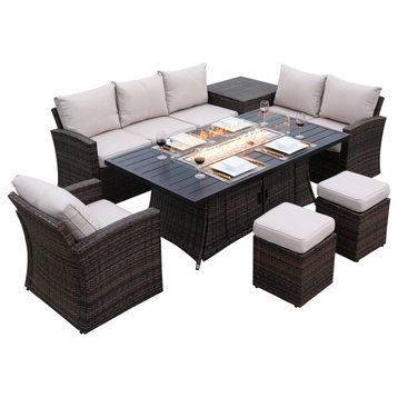 7-Piece Patio Conversational Sofa Set With Aluminium Firepit Table, Brown