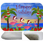 usa - Flamingos Happy Hollidays Bath Mat, 20"x15" - Bath mats from my original art and designs. Super soft plush fabric with a non skid backing. Eco friendly water base dyes that will not fade or alter the texture of the fabric. Washable 100 % polyester and mold resistant. Great for the bath room or anywhere in the home. At 1/2 inch thick our mats are softer and more plush than the typical comfort mats. Your toes will love you.
