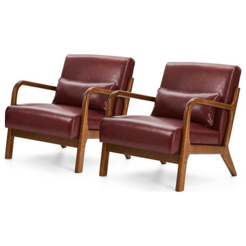 Mid-Century Modern Leatherette Accent Armchair, Set of 2, Burgundy