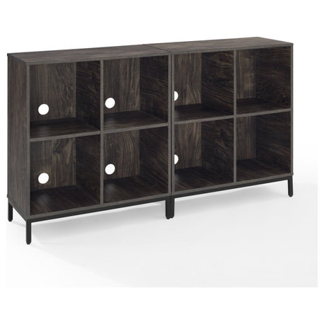 Set of 2 Industrial Bookcase, Modular Design With 8 Open Compartments, Brown Ash