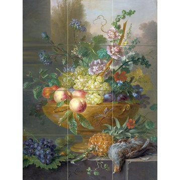 Tile Mural An Urn Filled With Flowers Grapes Peaches Plums Apricots, Glossy