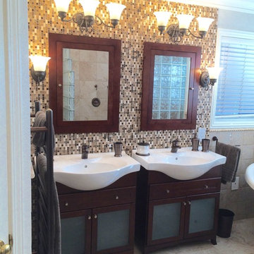 Ceramic tile wall with wood medicine cabinets