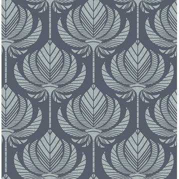 4014-26424 Palmier Navy Blue Lotus Fan Botanical Unpasted Non Woven Wallpaper
