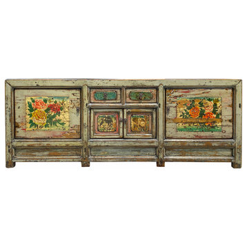 Chinese Distressed Light Green Celadon Graphic Low TV Console Cabinet Hcs6947
