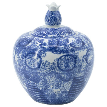 Blue & White Porcelain Lidded Jar D7.5x10"