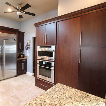 Transitional Cherry Kitchen with Tempered Rain Glass Backsplash