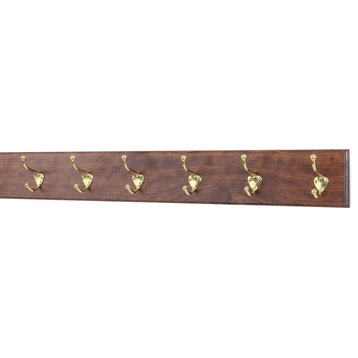Solid Cherry Wall Coat Rack, Brass Hooks, Mahogany, 30.5"x4.5", 6-Hooks
