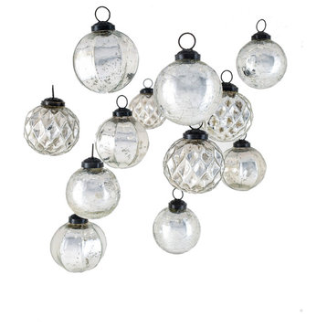 Serene Spaces Living Set of 12 Silver Mercury Glass Ornaments, 2.5" D & 2.5" T