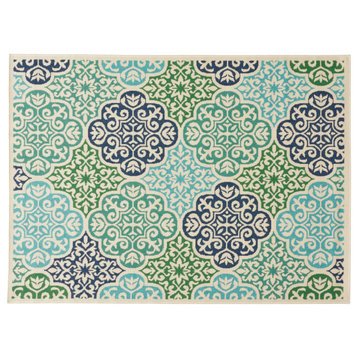 Ellie Outdoor Medallion Area Rug, Ivory and Multi, 5'3"x7'