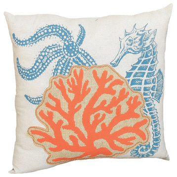 18" X 18" Blue and Orange Seahorse Coastal Polyester Pillow With Applique