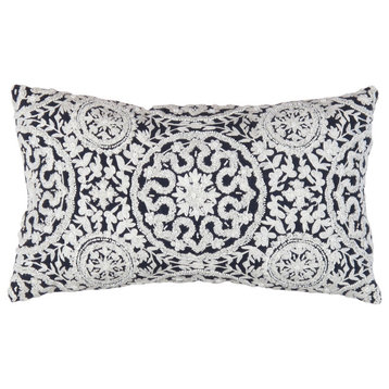 Naples Embroidered Pillow, Navy/Taupe